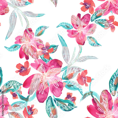 Summer Flowers Seamless Pattern. Watercolor Background. Hand Painted Illustration.