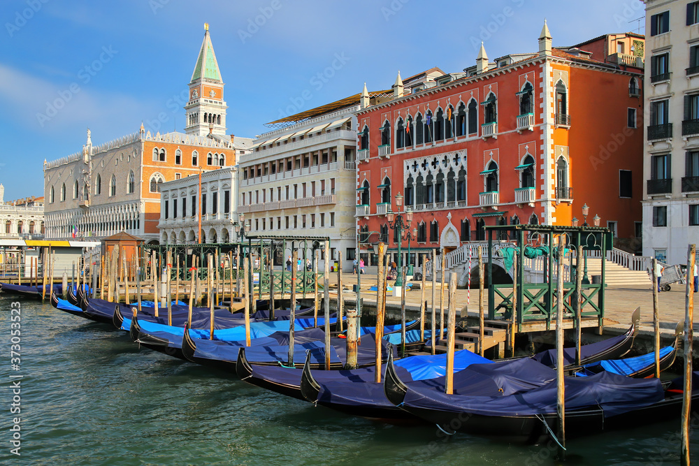 Gondolas moored near Piazza San Marco in Venice, Italy