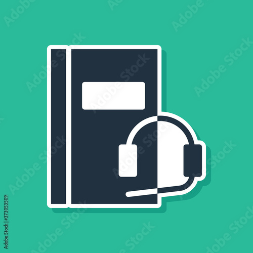 Blue Audio book icon isolated on green background. Book with headphones. Audio guide sign. Online learning concept. Vector Illustration.