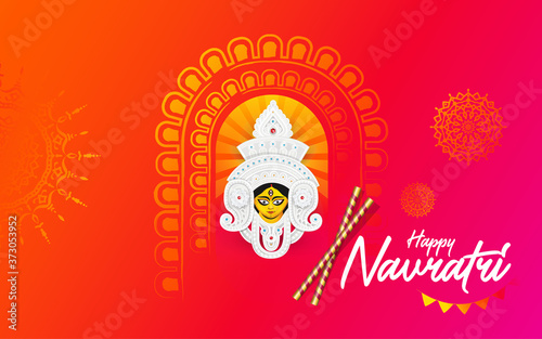 Happy Navratri Festival Greeting Background with Hindu Goddess Durga Face Illustration