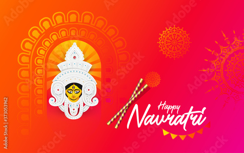 Happy Navratri Festival Greeting Background with Hindu Goddess Durga Face Illustration