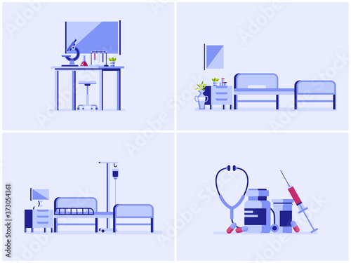 Healthcare and medical interior illustration set. Hospital, operation bed, laboratory, stethoscope. 