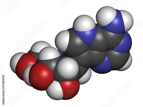 Galidesivir antiviral drug molecule. 3D rendering. Atoms are represented as spheres with conventional color coding: hydrogen (white), carbon (grey), nitrogen (blue), oxygen (red).