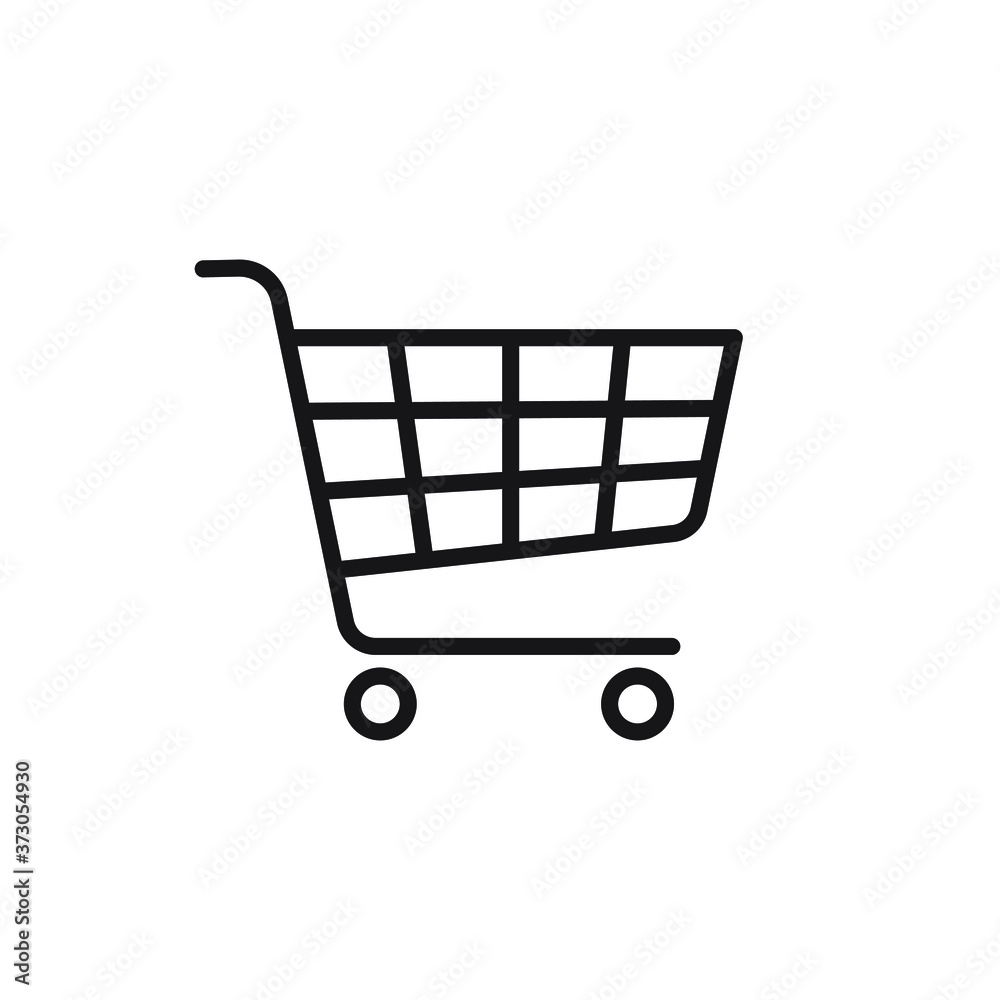 Shopping cart icon symbol. Flat shape trolley web store button. Online shop logo sign. Vector illustration image. Black silhouette isolated on white background.