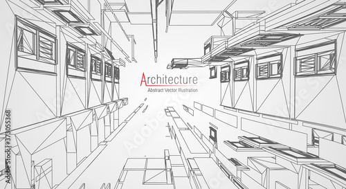 Architecture line background. Building construction sketch vector abstract. Modern city 3d project. Technology geometric grid. Wire blueprint house. Digital architect innovation wireframe.