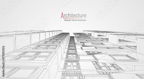 Architecture line background. Building construction sketch vector abstract. Modern city 3d project. Technology geometric grid. Wire blueprint house. Digital architect innovation wireframe.