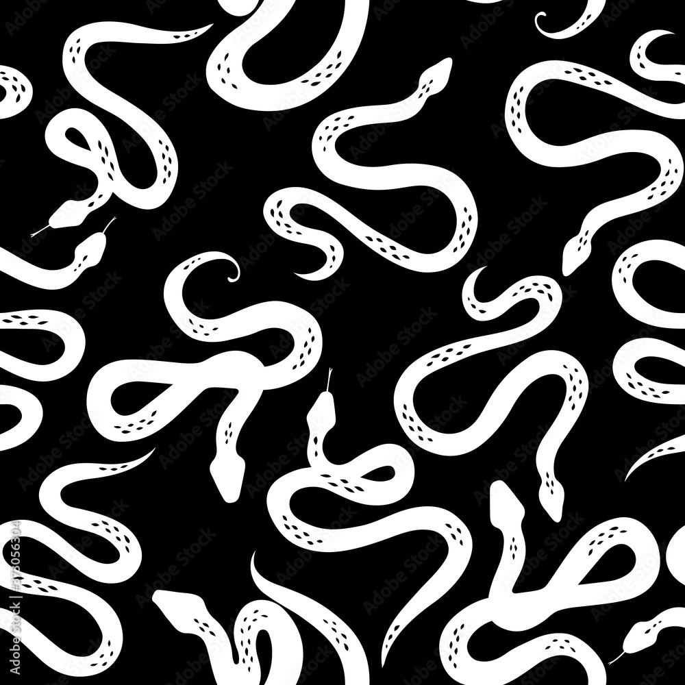 Seamless pattern with various snakes or serpents on black background. Botanical background on tropical theme. Black and white snake. Flat design for fabric, textile, wrapping paper, wallpaper.
