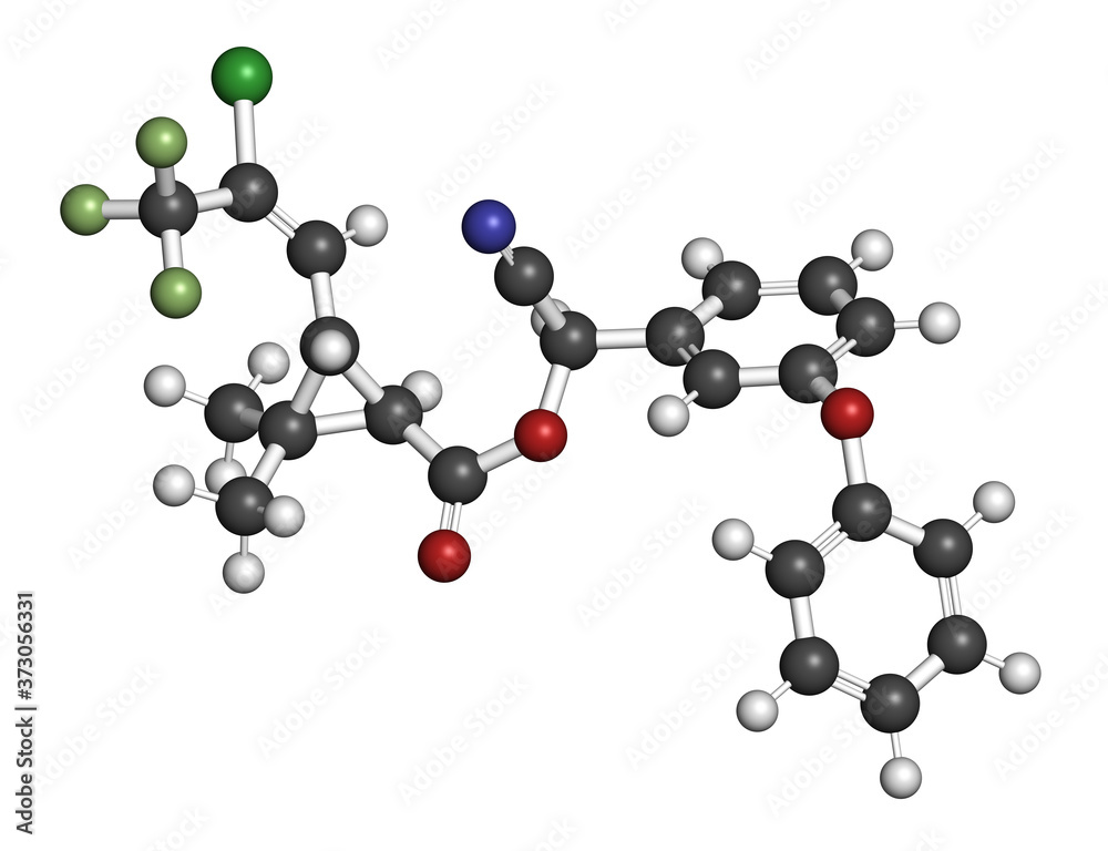Cyhalothrin insecticide molecule. 3D rendering. Atoms are represented as spheres with conventional color coding: hydrogen (white), carbon (grey), nitrogen (blue), oxygen (red), etc Cyhalothrin insecticide molecule. 3D rendering. Atoms are represented as spheres with conventional color coding: hydrogen (white), carbon (grey), nitrogen (blue), oxygen (red), etc