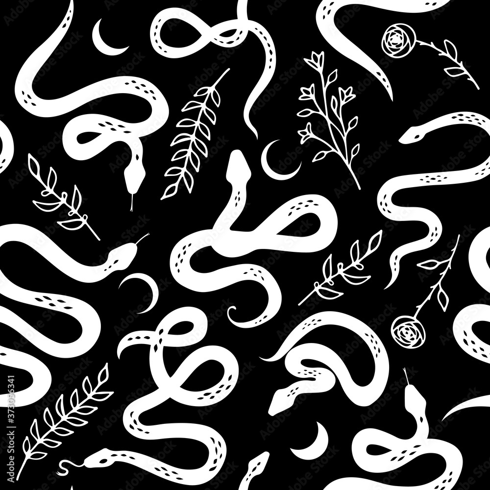 Seamless pattern with snakes, wildflowers and moon on black background. Botanical background on tropical theme. Black and white snake. Boho flat design for fabric, textile, wrapping paper, wallpaper Seamless pattern with snakes, wildflowers and moon on black background. Botanical background on tropical theme. Black and white snake. Boho flat design for fabric, textile, wrapping paper, wallpaper