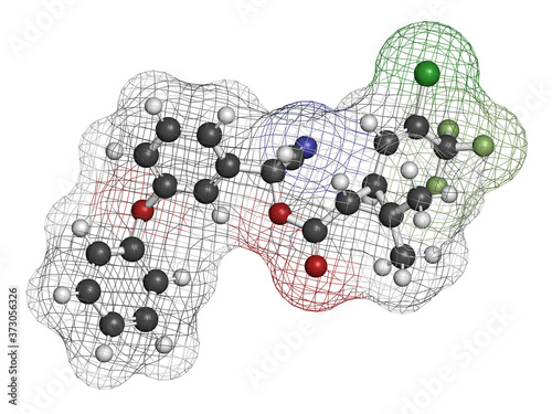 Cyhalothrin insecticide molecule. 3D rendering. Atoms are represented as spheres with conventional color coding: hydrogen (white), carbon (grey), nitrogen (blue), oxygen (red), etc