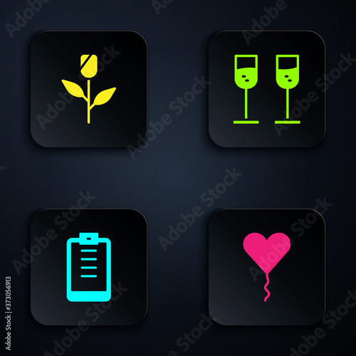 Set Balloon in form of heart, Flower rose, Clipboard with checklist and Glass champagne. Black square button. Vector.