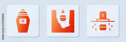 Set Coffin in grave, Funeral urn and Grave with coffin. White square button. Vector.