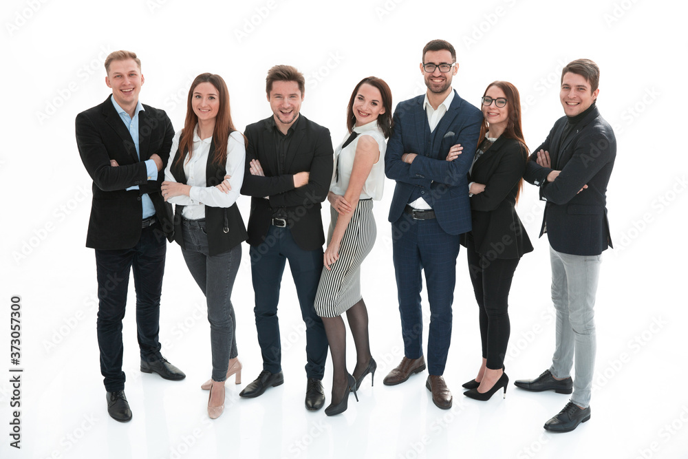 Happy business team with arms crossed over white background Happy business team with arms crossed over white background