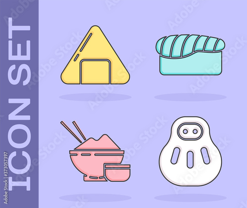 Set Maneki neko cat, Sushi, Rice in a bowl with chopstick and Sushi icon. Vector.