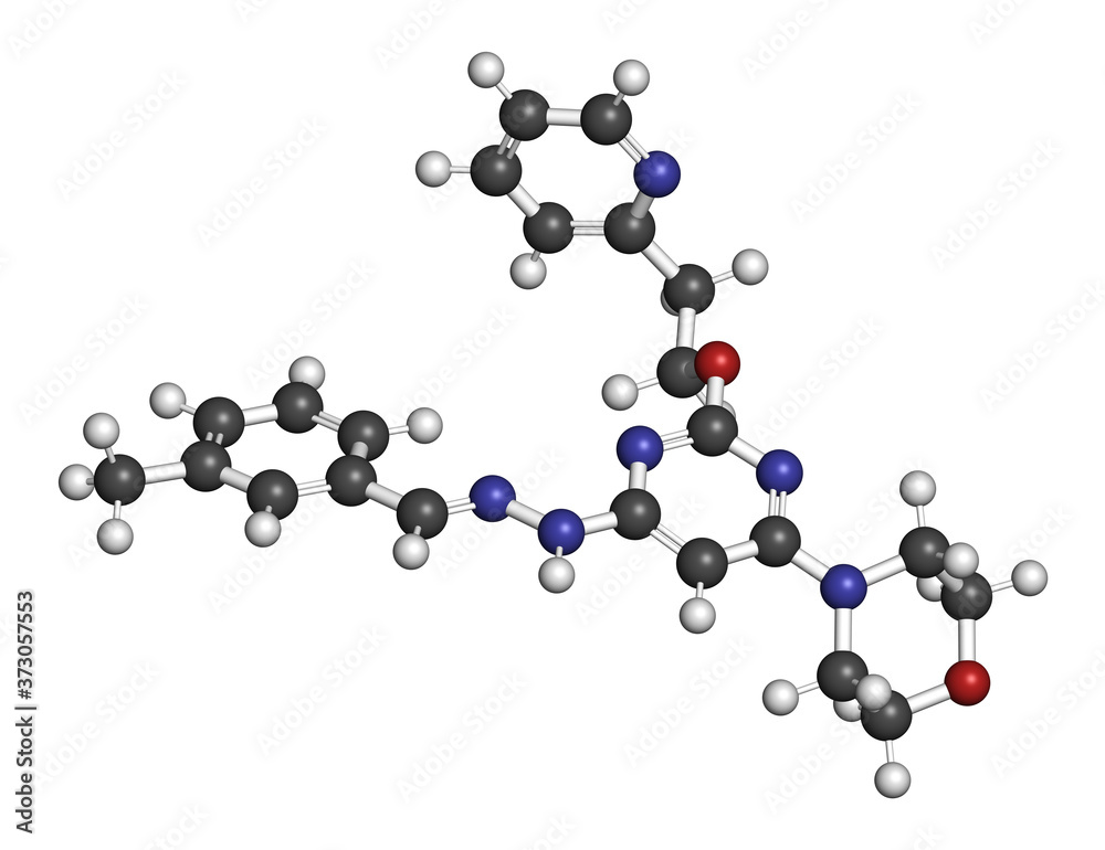 Apilimod drug molecule (PIKfyve inhibitor). 3D rendering. Atoms are represented as spheres with conventional color coding: hydrogen (white), carbon (grey), nitrogen (blue), oxygen (red). Apilimod drug molecule (PIKfyve inhibitor). 3D rendering. Atoms are represented as spheres with conventional color coding: hydrogen (white), carbon (grey), nitrogen (blue), oxygen (red).