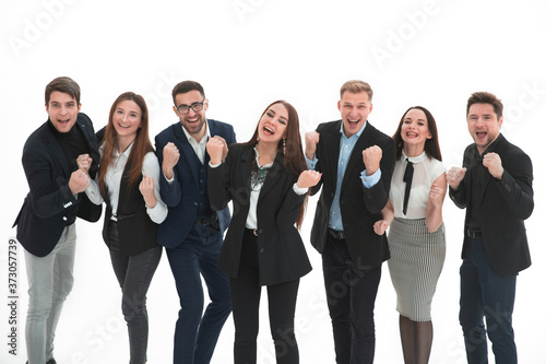 Smiling and confident business team standing over white backgrou