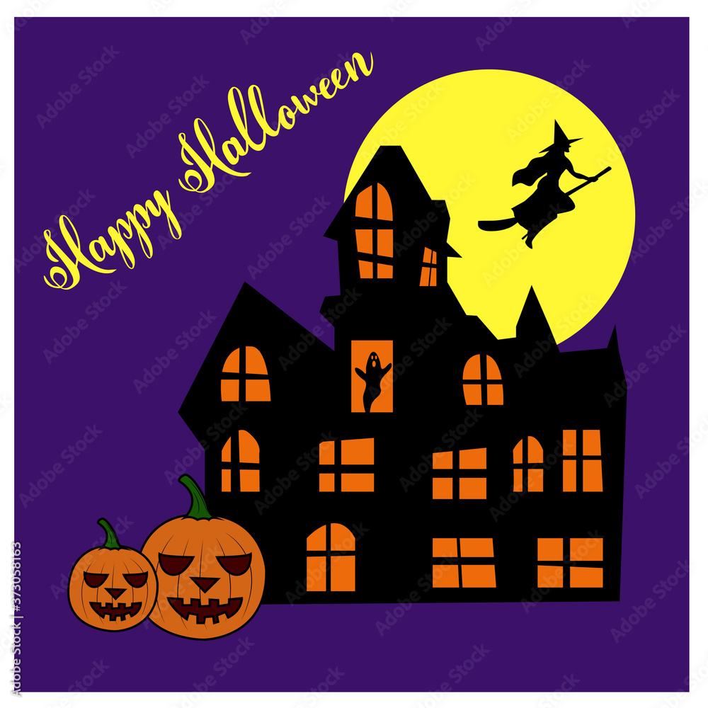 Haunted Haus vector with ghost in a window, pumpkin, yellow moon and witch Happy Halloween postcard on dark background