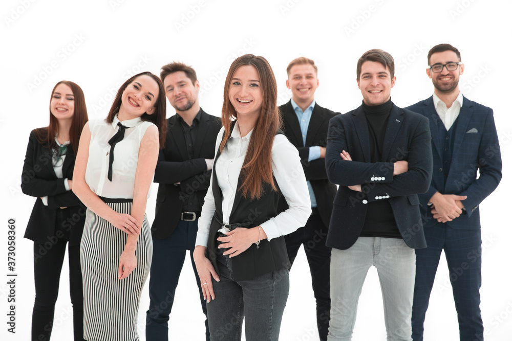 Obraz premium Successful business woman standing with her staff