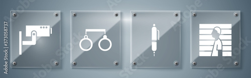 Set Suspect criminal, Pen, Handcuffs and Security camera. Square glass panels. Vector.