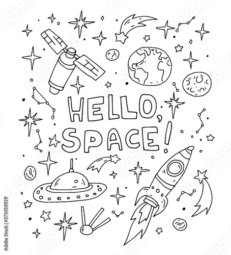 Hello Spase set collection. Shuttle launch. Cute pattern. Vector artwork. Black and white. Coloring book page for children, kids. Inspirational quote. Icons isolated. Kawaii background, print, poster