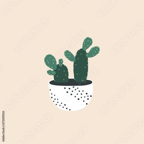 Cactus iin ceramic flowerpot. Houseplant isolated. Trendy hugge style, urban jungle decor, gift. Hand drawn sketch, naive art. Print, poster, wallpaper. Logo, label. Green, brown, pink pastel colors