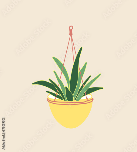 Yucca plant hanging in ceramic flowerpot. Houseplant isolated. Trendy hugge style, urban decor. Hand drawn sketch, naive art. Print, poster, banner, wallpaper. Logo, label. Green, yellow pastel colors