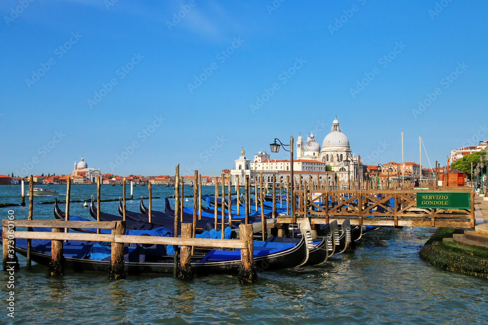 Gondolas moored near San Marco Square in Venice, Italy