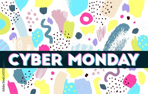 Cyber Monday banner. Memphis pattern. Vector artwork. Trendy retro 80s, 90s style. Black, blue, pink, yellow, beige, blue, purple colors. Print, poster, wallpaper