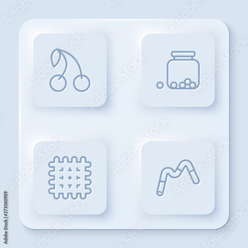 Set line Cherry, Glass jar with candies inside, Cracker biscuit and Jelly worms candy. White square button. Vector.