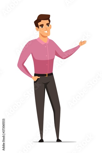 Happy business man giving presentation at office. Guy standing, showing. Corporate job cartoon vector illustration. Young businessman character, workspace employee explaining