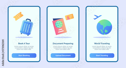 Traveling book a tour document preparing world traveling for mobile apps template banner page UI with three variations modern flat color style.yl