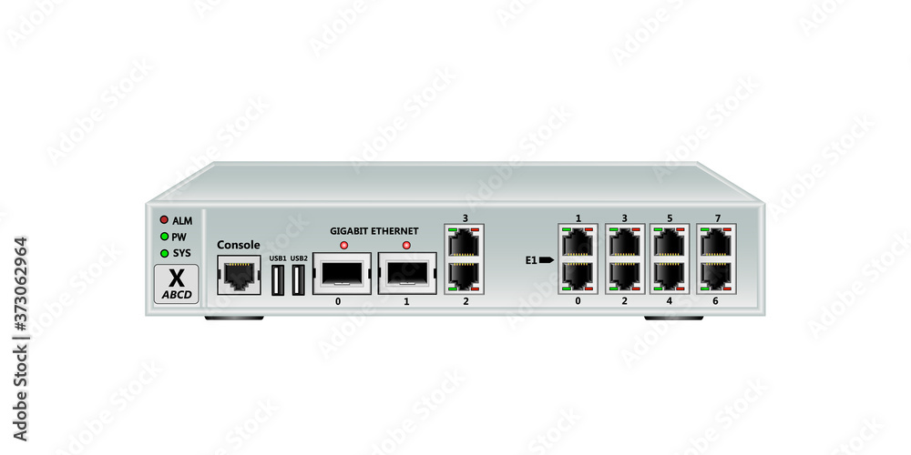 Multiplexer-switch for Ethernet and E1 streams . Has 2 SFP ports, 2 Ethernet ports (RJ45), 8 E1 ports (RJ45) and 2 USB ports. On a white background. Vector illustration.