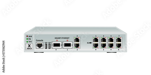 Multiplexer-switch for Ethernet and E1 streams . Has 2 SFP ports, 2 Ethernet ports (RJ45), 8 E1 ports (RJ45) and 2 USB ports. On a white background. Vector illustration.