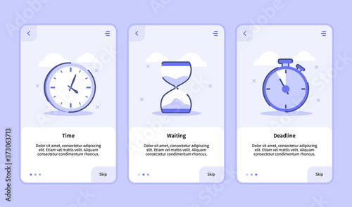 Time waiting deadline onboarding screen for mobile apps template banner page UI with three variations modern flat outline style