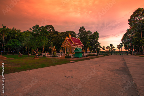 Background of religious attractions in Ubon Ratchathani Province (Wat Mongkol Kowitharam) has a huge Buddha statue, near Huai Wang Nong Public Park, Thailand.