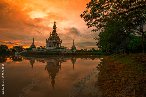 The background of an important tourist attraction in Khon Kaen Province  Wat Thung Setthi  is a large pagoda in the middle of a swamp  tourists always come to see the beauty in Thailand
