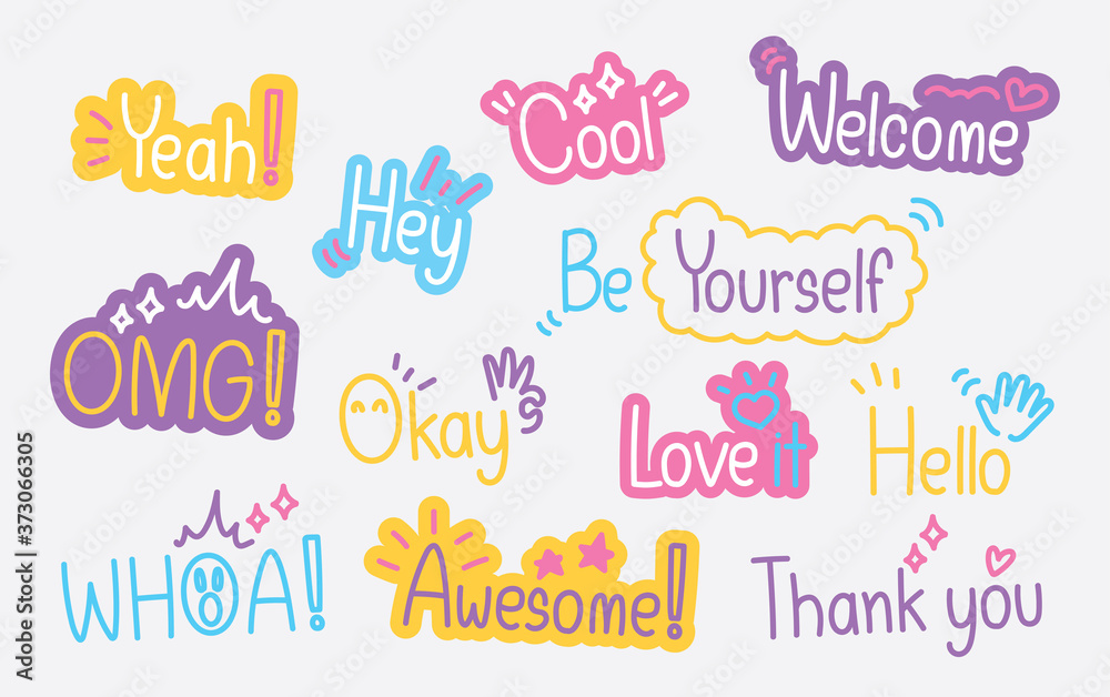 Cute text in doodle style vector set.