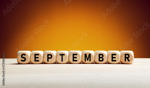 Quadro em tela The month September written on wooden cubes against autumn background with copy space