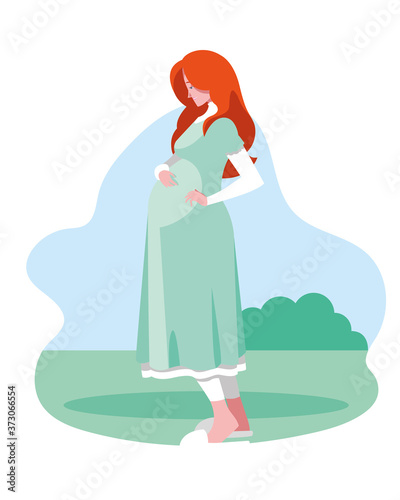 red hair pregnant woman cartoon at park vector design