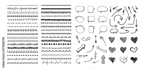 Vector set of hand drawn decorative elements isolated on white background, black drawings collection, doodle illustration.