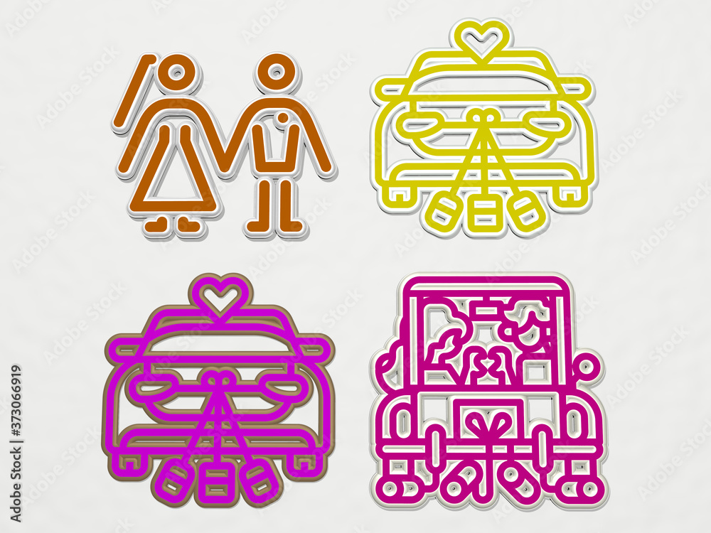 just married 4 icons set, 3D illustration just married 4 icons set, 3D illustration