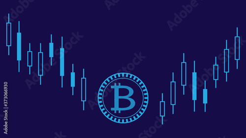 Stock market graphs with bitcoin emblem, space for text, abstract trading background, flat design, vector illustration.