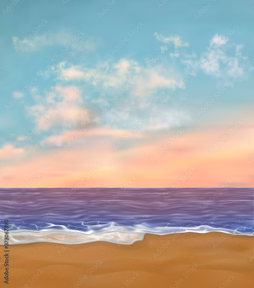 Sunset beach vertical vector illustration. Light rose romantic sky with spindrift clouds on it and no sun. Realistic vector paradise sea shore or sand coast with nobody on it.