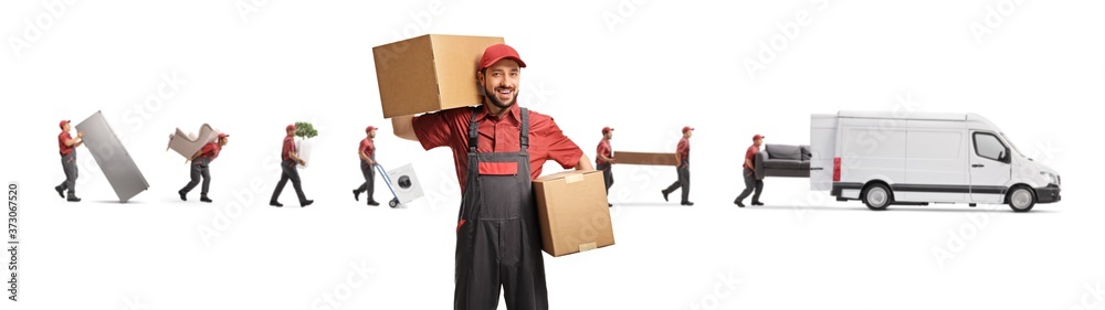 Worker carrying boxes and movers in the back loading items into a van Worker carrying boxes and movers in the back loading items into a van