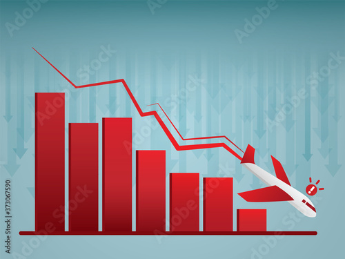 airplane is falling with red graph. Airline is losing money illustration vector.