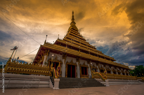 Colorful light blue evening. Wat Phra That Kaen Nakorn or Wat Nong Wang. It is a beautiful temple in Khon Kaen. It is attractive to tourists to visit the beauty. In the Northeast of Thailand.