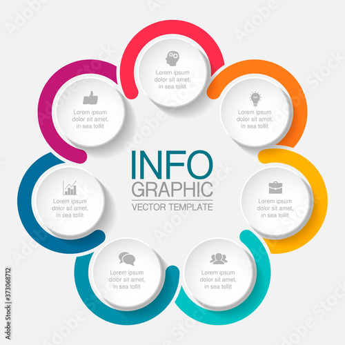 Vector infographic template, circle with 7 steps or options. Data presentation, business concept design for web, brochure, diagram.