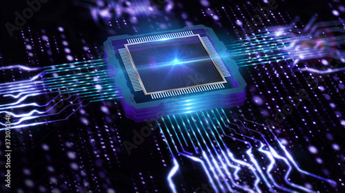 Futuristic neon microprocessor on blue background. Microchip for data exchange.  photo