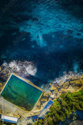 Wylie's Baths rock pools from above with kayak