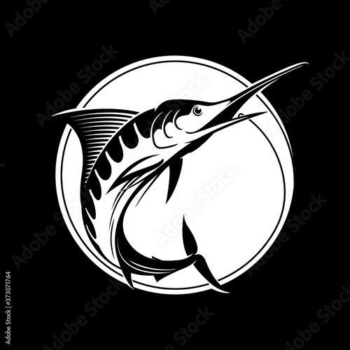 Fishing logo template - Blue marlin vector sign. Catching marlin on the hook. Black and white. Stock vector illustration.